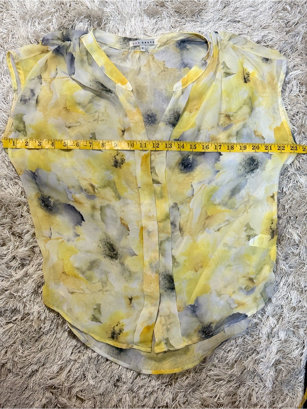 Floral Sheer Flowy Blouse | V-Neck | Yellow Watercolor Summer Top | Medium - Picture 11 of 14